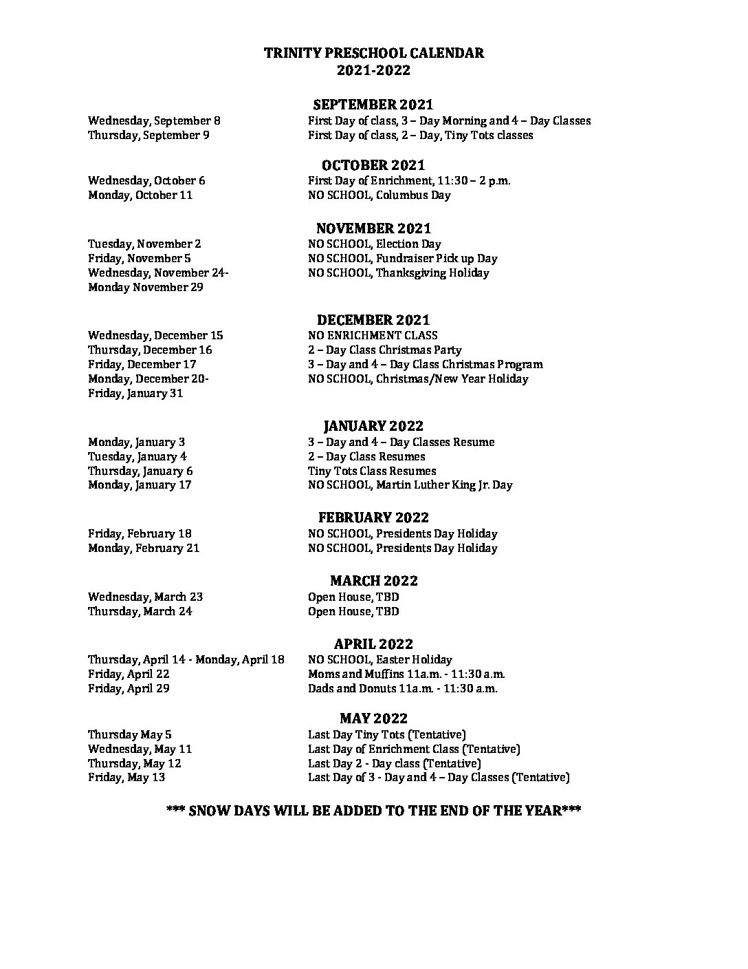 CALENDAR Trinity UCC East Petersburg PA